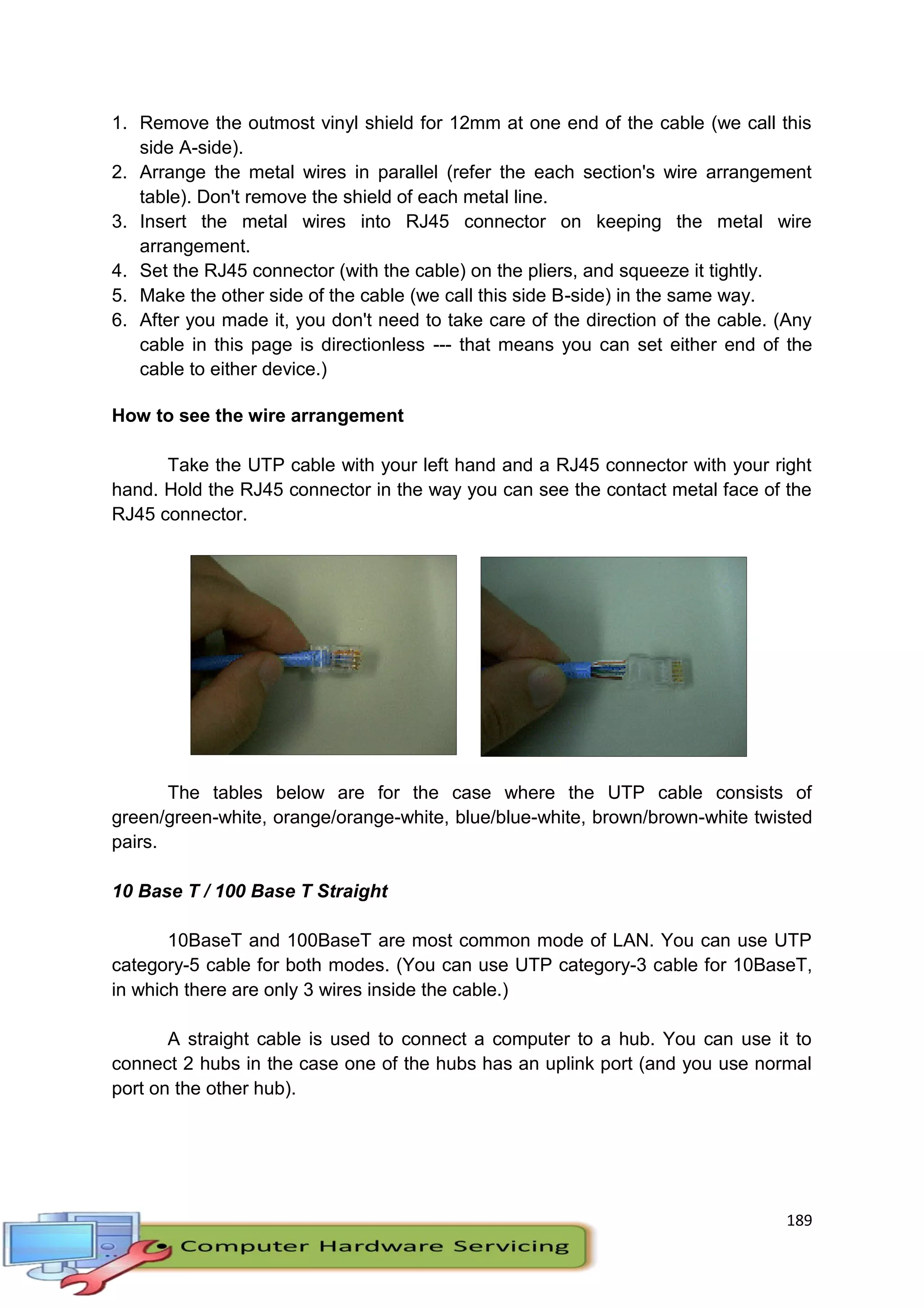 189
1. Remove the outmost vinyl shield for 12mm at one end of the cable (we call this
side A-side).
2. Arrange the metal wires in parallel (refer the each section's wire arrangement
table). Don't remove the shield of each metal line.
3. Insert the metal wires into RJ45 connector on keeping the metal wire
arrangement.
4. Set the RJ45 connector (with the cable) on the pliers, and squeeze it tightly.
5. Make the other side of the cable (we call this side B-side) in the same way.
6. After you made it, you don't need to take care of the direction of the cable. (Any
cable in this page is directionless --- that means you can set either end of the
cable to either device.)
How to see the wire arrangement
Take the UTP cable with your left hand and a RJ45 connector with your right
hand. Hold the RJ45 connector in the way you can see the contact metal face of the
RJ45 connector.
The tables below are for the case where the UTP cable consists of
green/green-white, orange/orange-white, blue/blue-white, brown/brown-white twisted
pairs.
10 Base T / 100 Base T Straight
10BaseT and 100BaseT are most common mode of LAN. You can use UTP
category-5 cable for both modes. (You can use UTP category-3 cable for 10BaseT,
in which there are only 3 wires inside the cable.)
A straight cable is used to connect a computer to a hub. You can use it to
connect 2 hubs in the case one of the hubs has an uplink port (and you use normal
port on the other hub).
 
