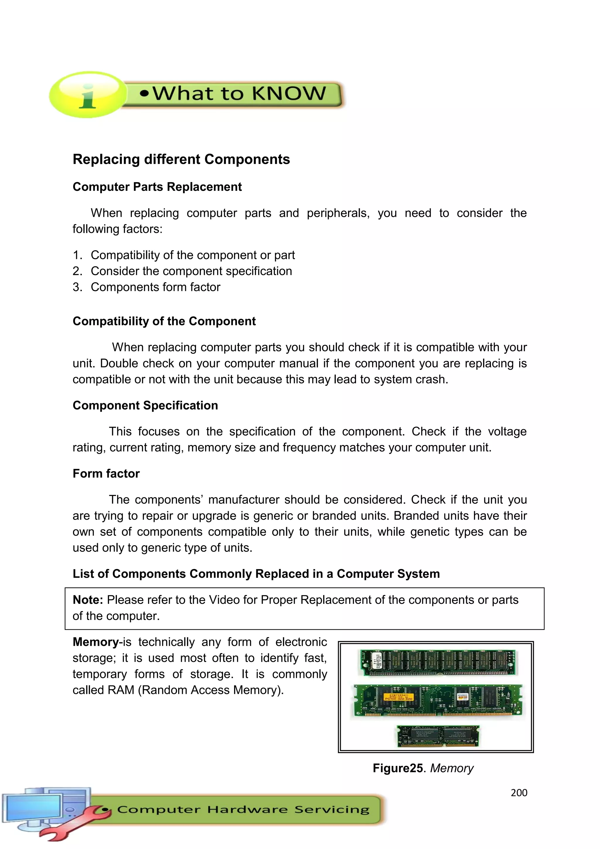 200
Replacing different Components
Computer Parts Replacement
When replacing computer parts and peripherals, you need to consider the
following factors:
1. Compatibility of the component or part
2. Consider the component specification
3. Components form factor
Compatibility of the Component
When replacing computer parts you should check if it is compatible with your
unit. Double check on your computer manual if the component you are replacing is
compatible or not with the unit because this may lead to system crash.
Component Specification
This focuses on the specification of the component. Check if the voltage
rating, current rating, memory size and frequency matches your computer unit.
Form factor
The components’ manufacturer should be considered. Check if the unit you
are trying to repair or upgrade is generic or branded units. Branded units have their
own set of components compatible only to their units, while genetic types can be
used only to generic type of units.
List of Components Commonly Replaced in a Computer System
Note: Please refer to the Video for Proper Replacement of the components or parts
of the computer.
Memory-is technically any form of electronic
storage; it is used most often to identify fast,
temporary forms of storage. It is commonly
called RAM (Random Access Memory).
Figure25. Memory
 