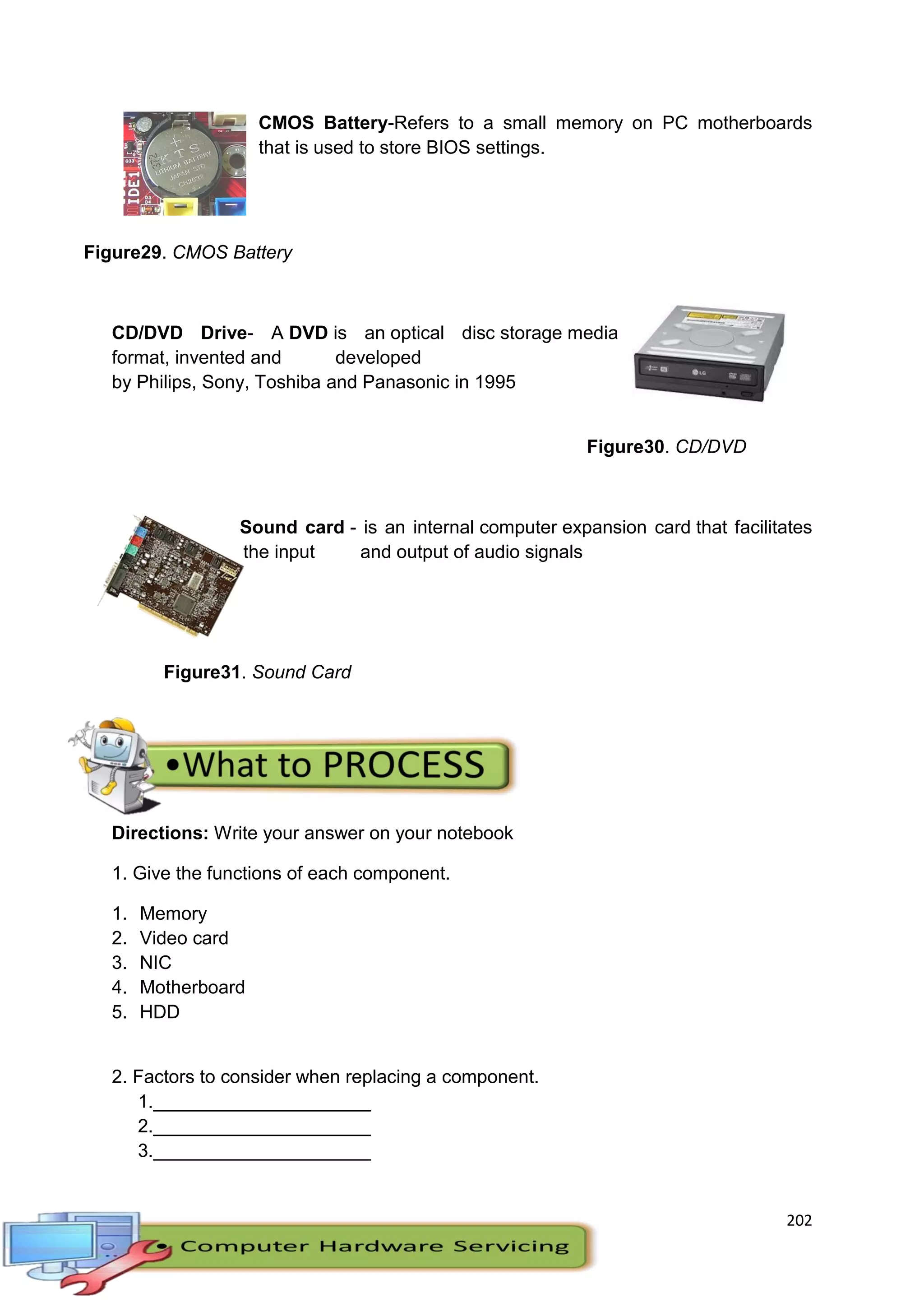 202
CMOS Battery-Refers to a small memory on PC motherboards
that is used to store BIOS settings.
Figure29. CMOS Battery
CD/DVD Drive- A DVD is an optical disc storage media
format, invented and developed
by Philips, Sony, Toshiba and Panasonic in 1995
Figure30. CD/DVD
Sound card - is an internal computer expansion card that facilitates
the input and output of audio signals
Figure31. Sound Card
Directions: Write your answer on your notebook
1. Give the functions of each component.
1. Memory
2. Video card
3. NIC
4. Motherboard
5. HDD
2. Factors to consider when replacing a component.
1._____________________
2._____________________
3._____________________
 