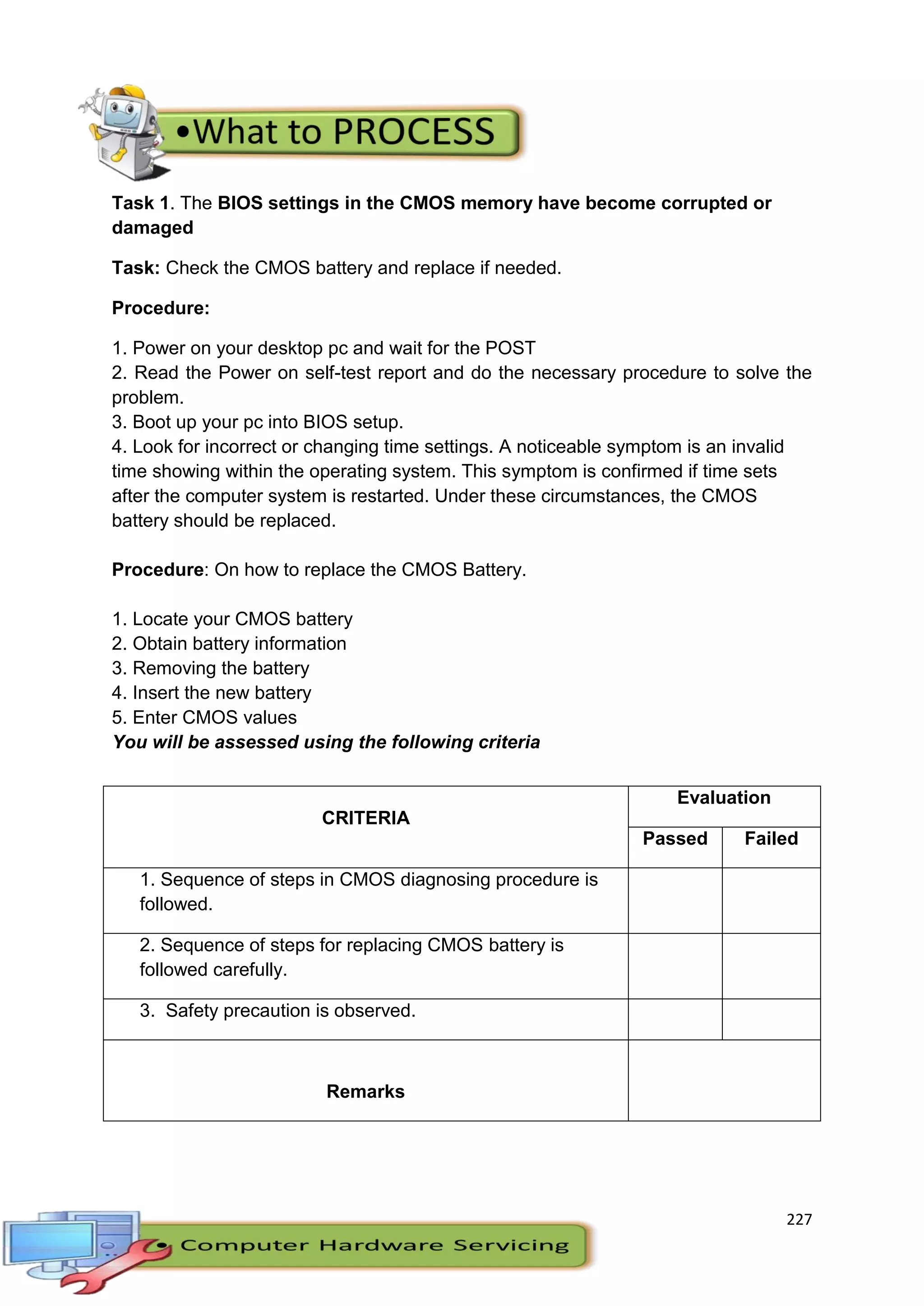 227
Task 1. The BIOS settings in the CMOS memory have become corrupted or
damaged
Task: Check the CMOS battery and replace if needed.
Procedure:
1. Power on your desktop pc and wait for the POST
2. Read the Power on self-test report and do the necessary procedure to solve the
problem.
3. Boot up your pc into BIOS setup.
4. Look for incorrect or changing time settings. A noticeable symptom is an invalid
time showing within the operating system. This symptom is confirmed if time sets
after the computer system is restarted. Under these circumstances, the CMOS
battery should be replaced.
Procedure: On how to replace the CMOS Battery.
1. Locate your CMOS battery
2. Obtain battery information
3. Removing the battery
4. Insert the new battery
5. Enter CMOS values
You will be assessed using the following criteria
CRITERIA
Evaluation
Passed Failed
1. Sequence of steps in CMOS diagnosing procedure is
followed.
2. Sequence of steps for replacing CMOS battery is
followed carefully.
3. Safety precaution is observed.
Remarks
 