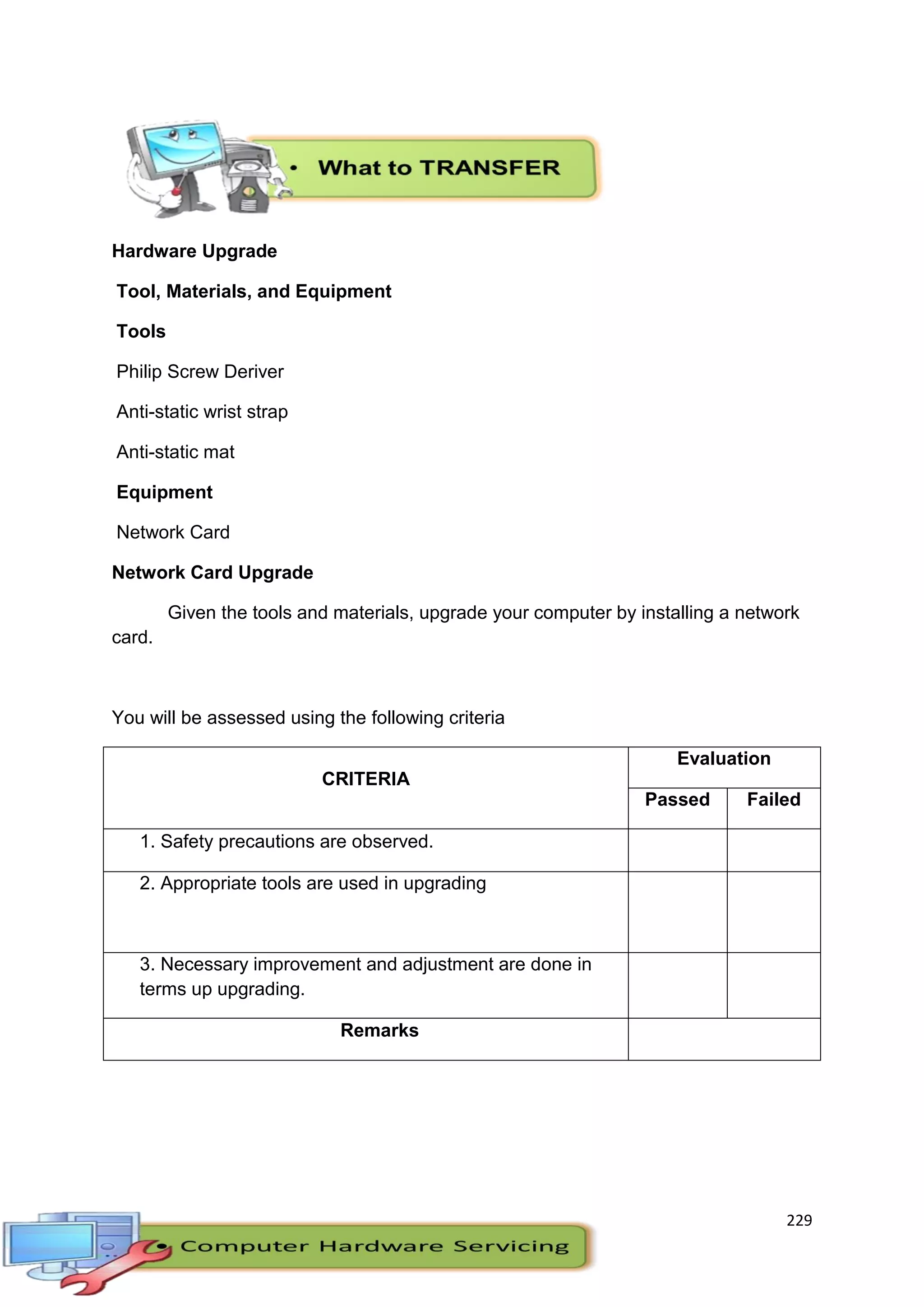229
Hardware Upgrade
Tool, Materials, and Equipment
Tools
Philip Screw Deriver
Anti-static wrist strap
Anti-static mat
Equipment
Network Card
Network Card Upgrade
Given the tools and materials, upgrade your computer by installing a network
card.
You will be assessed using the following criteria
CRITERIA
Evaluation
Passed Failed
1. Safety precautions are observed.
2. Appropriate tools are used in upgrading
3. Necessary improvement and adjustment are done in
terms up upgrading.
Remarks
 