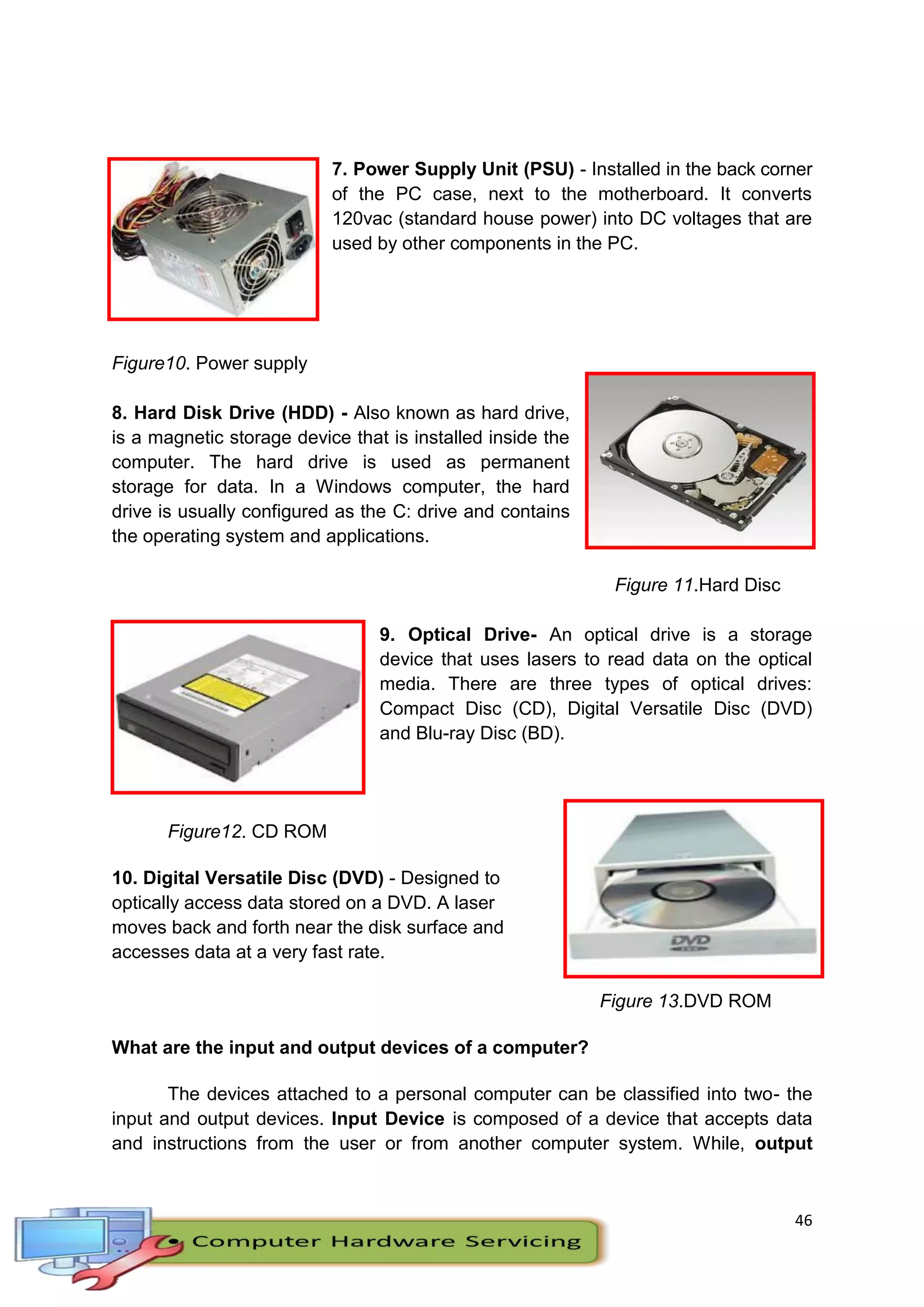 46
7. Power Supply Unit (PSU) - Installed in the back corner
of the PC case, next to the motherboard. It converts
120vac (standard house power) into DC voltages that are
used by other components in the PC.
Figure10. Power supply
8. Hard Disk Drive (HDD) - Also known as hard drive,
is a magnetic storage device that is installed inside the
computer. The hard drive is used as permanent
storage for data. In a Windows computer, the hard
drive is usually configured as the C: drive and contains
the operating system and applications.
Figure 11.Hard Disc
9. Optical Drive- An optical drive is a storage
device that uses lasers to read data on the optical
media. There are three types of optical drives:
Compact Disc (CD), Digital Versatile Disc (DVD)
and Blu-ray Disc (BD).
Figure12. CD ROM
10. Digital Versatile Disc (DVD) - Designed to
optically access data stored on a DVD. A laser
moves back and forth near the disk surface and
accesses data at a very fast rate.
Figure 13.DVD ROM
What are the input and output devices of a computer?
The devices attached to a personal computer can be classified into two- the
input and output devices. Input Device is composed of a device that accepts data
and instructions from the user or from another computer system. While, output
 