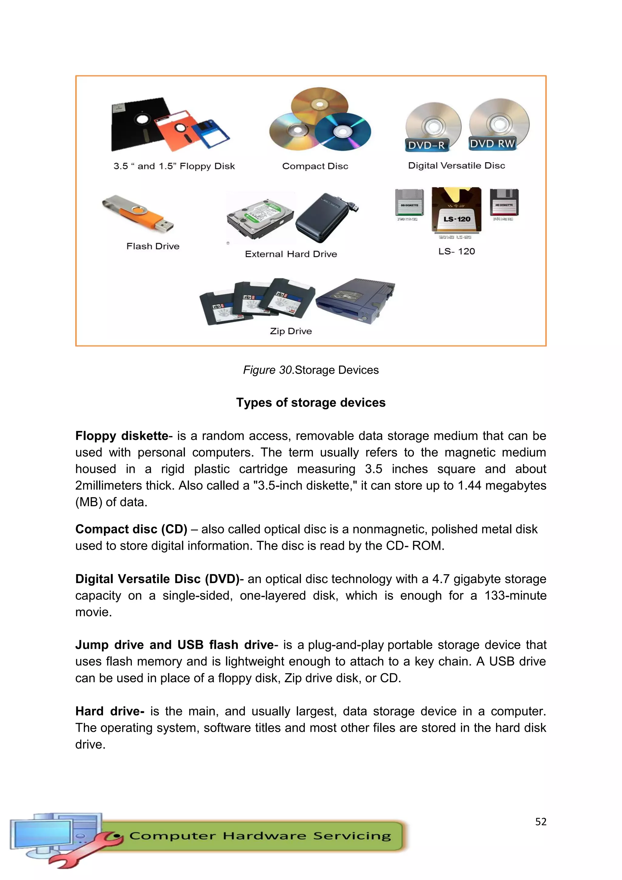 52
Figure 30.Storage Devices
Types of storage devices
Floppy diskette- is a random access, removable data storage medium that can be
used with personal computers. The term usually refers to the magnetic medium
housed in a rigid plastic cartridge measuring 3.5 inches square and about
2millimeters thick. Also called a "3.5-inch diskette," it can store up to 1.44 megabytes
(MB) of data.
Compact disc (CD) – also called optical disc is a nonmagnetic, polished metal disk
used to store digital information. The disc is read by the CD- ROM.
Digital Versatile Disc (DVD)- an optical disc technology with a 4.7 gigabyte storage
capacity on a single-sided, one-layered disk, which is enough for a 133-minute
movie.
Jump drive and USB flash drive- is a plug-and-play portable storage device that
uses flash memory and is lightweight enough to attach to a key chain. A USB drive
can be used in place of a floppy disk, Zip drive disk, or CD.
Hard drive- is the main, and usually largest, data storage device in a computer.
The operating system, software titles and most other files are stored in the hard disk
drive.
 