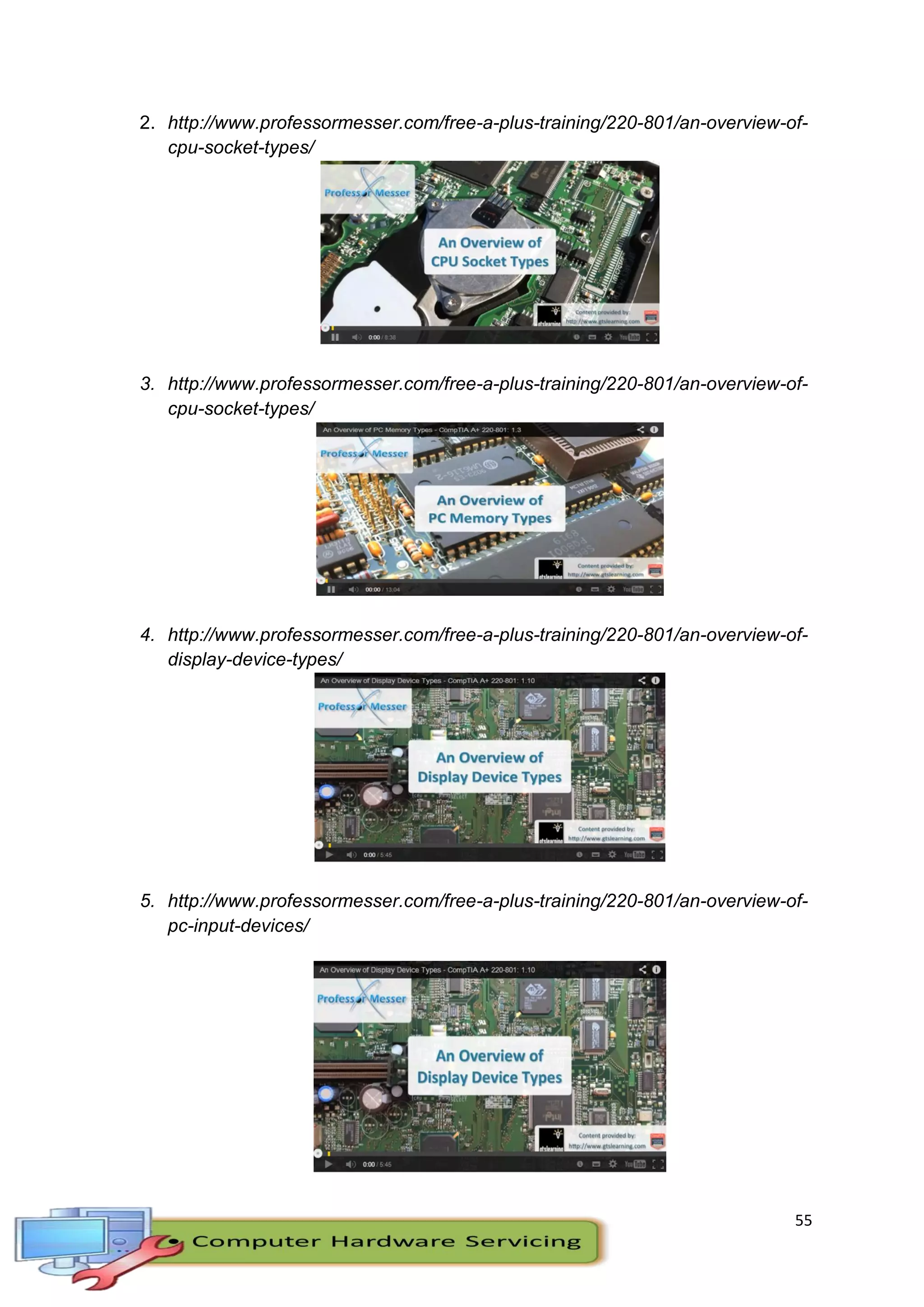 55
2. http://www.professormesser.com/free-a-plus-training/220-801/an-overview-of-
cpu-socket-types/
3. http://www.professormesser.com/free-a-plus-training/220-801/an-overview-of-
cpu-socket-types/
4. http://www.professormesser.com/free-a-plus-training/220-801/an-overview-of-
display-device-types/
5. http://www.professormesser.com/free-a-plus-training/220-801/an-overview-of-
pc-input-devices/
 