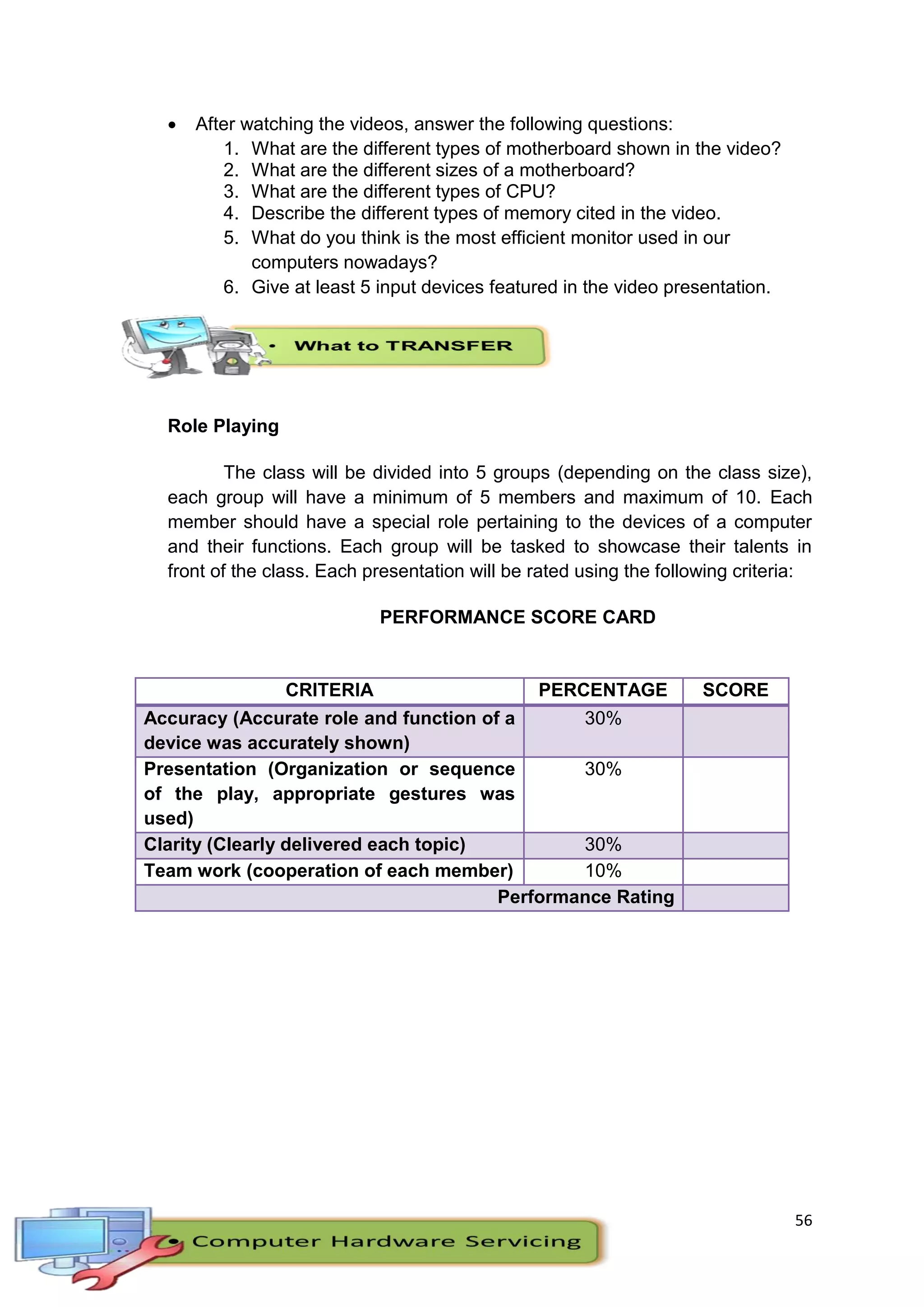 56
 After watching the videos, answer the following questions:
1. What are the different types of motherboard shown in the video?
2. What are the different sizes of a motherboard?
3. What are the different types of CPU?
4. Describe the different types of memory cited in the video.
5. What do you think is the most efficient monitor used in our
computers nowadays?
6. Give at least 5 input devices featured in the video presentation.
Role Playing
The class will be divided into 5 groups (depending on the class size),
each group will have a minimum of 5 members and maximum of 10. Each
member should have a special role pertaining to the devices of a computer
and their functions. Each group will be tasked to showcase their talents in
front of the class. Each presentation will be rated using the following criteria:
PERFORMANCE SCORE CARD
CRITERIA PERCENTAGE SCORE
Accuracy (Accurate role and function of a
device was accurately shown)
30%
Presentation (Organization or sequence
of the play, appropriate gestures was
used)
30%
Clarity (Clearly delivered each topic) 30%
Team work (cooperation of each member) 10%
Performance Rating
 