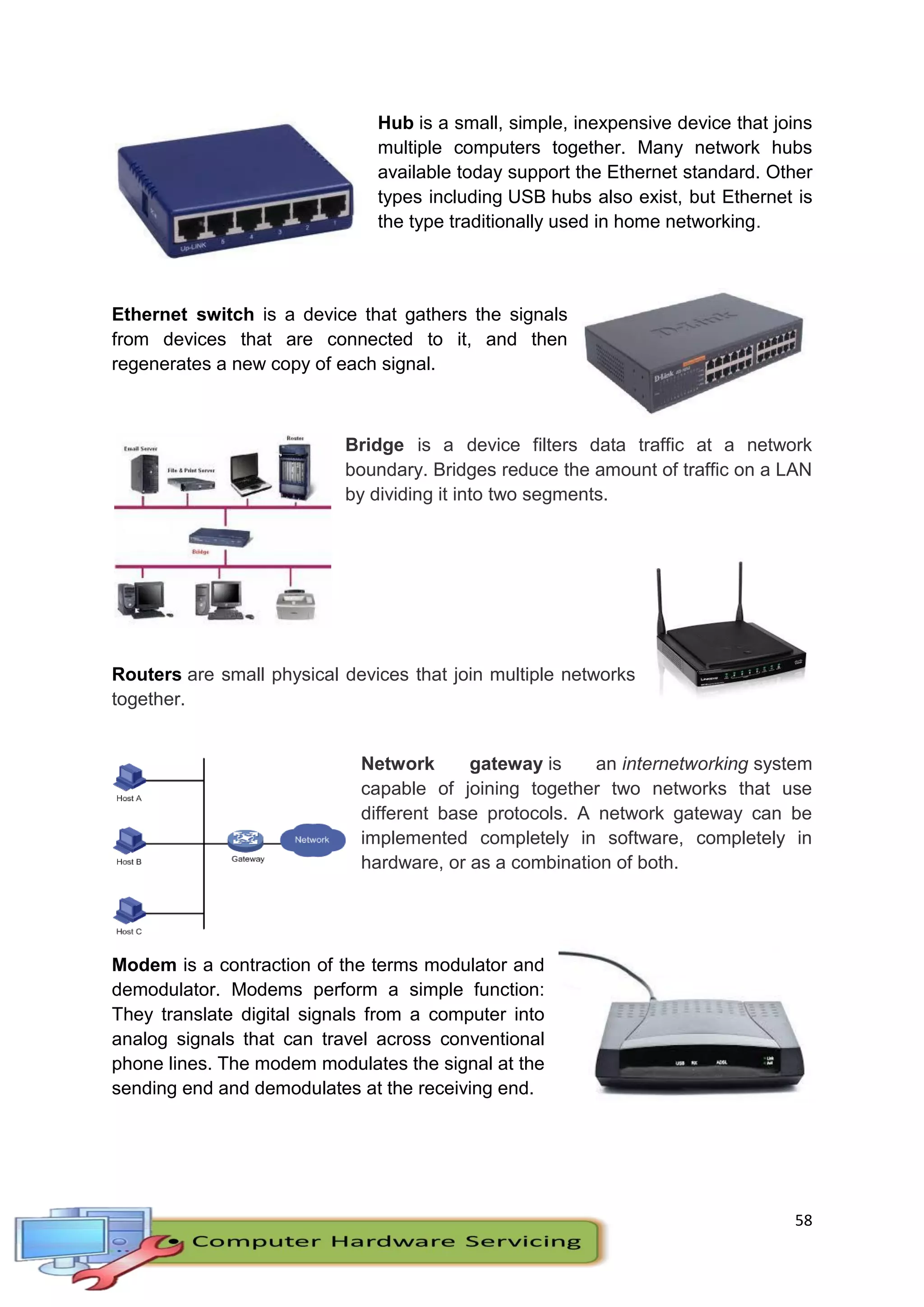 58
Hub is a small, simple, inexpensive device that joins
multiple computers together. Many network hubs
available today support the Ethernet standard. Other
types including USB hubs also exist, but Ethernet is
the type traditionally used in home networking.
Ethernet switch is a device that gathers the signals
from devices that are connected to it, and then
regenerates a new copy of each signal.
Bridge is a device filters data traffic at a network
boundary. Bridges reduce the amount of traffic on a LAN
by dividing it into two segments.
Routers are small physical devices that join multiple networks
together.
Network gateway is an internetworking system
capable of joining together two networks that use
different base protocols. A network gateway can be
implemented completely in software, completely in
hardware, or as a combination of both.
Modem is a contraction of the terms modulator and
demodulator. Modems perform a simple function:
They translate digital signals from a computer into
analog signals that can travel across conventional
phone lines. The modem modulates the signal at the
sending end and demodulates at the receiving end.
 