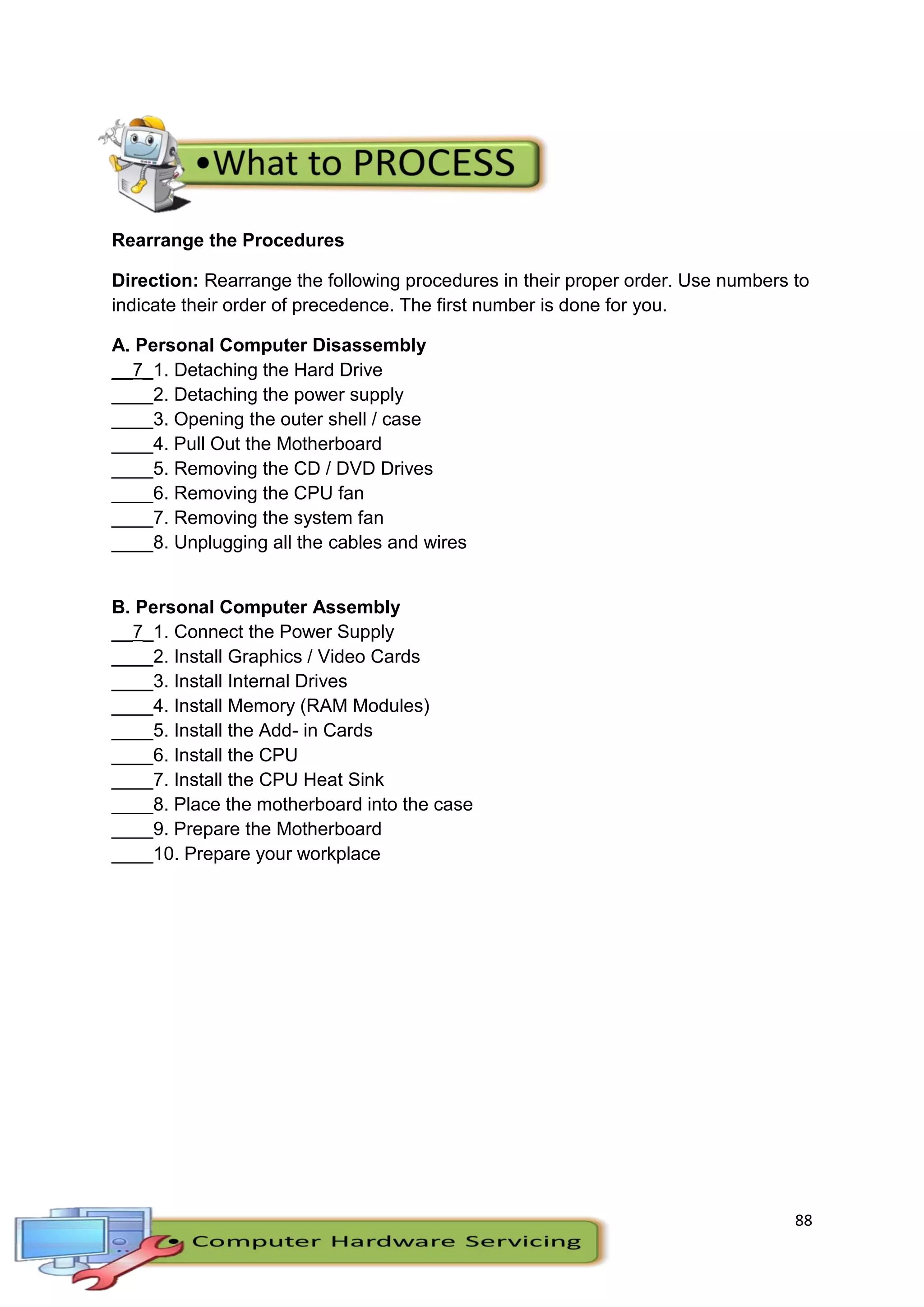 88
Rearrange the Procedures
Direction: Rearrange the following procedures in their proper order. Use numbers to
indicate their order of precedence. The first number is done for you.
A. Personal Computer Disassembly
__7_1. Detaching the Hard Drive
____2. Detaching the power supply
____3. Opening the outer shell / case
____4. Pull Out the Motherboard
____5. Removing the CD / DVD Drives
____6. Removing the CPU fan
____7. Removing the system fan
____8. Unplugging all the cables and wires
B. Personal Computer Assembly
__7_1. Connect the Power Supply
____2. Install Graphics / Video Cards
____3. Install Internal Drives
____4. Install Memory (RAM Modules)
____5. Install the Add- in Cards
____6. Install the CPU
____7. Install the CPU Heat Sink
____8. Place the motherboard into the case
____9. Prepare the Motherboard
____10. Prepare your workplace
 