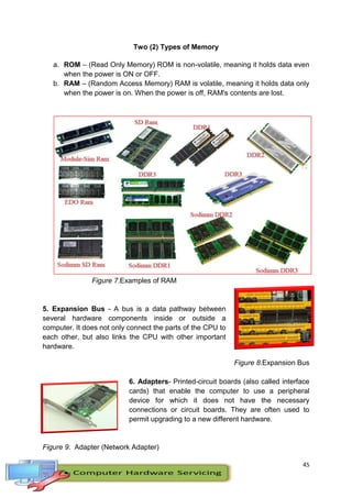 45
Two (2) Types of Memory
a. ROM – (Read Only Memory) ROM is non-volatile, meaning it holds data even
when the power is ON or OFF.
b. RAM – (Random Access Memory) RAM is volatile, meaning it holds data only
when the power is on. When the power is off, RAM's contents are lost.
Figure 7.Examples of RAM
5. Expansion Bus - A bus is a data pathway between
several hardware components inside or outside a
computer. It does not only connect the parts of the CPU to
each other, but also links the CPU with other important
hardware.
Figure 8.Expansion Bus
6. Adapters- Printed-circuit boards (also called interface
cards) that enable the computer to use a peripheral
device for which it does not have the necessary
connections or circuit boards. They are often used to
permit upgrading to a new different hardware.
Figure 9. Adapter (Network Adapter)
 