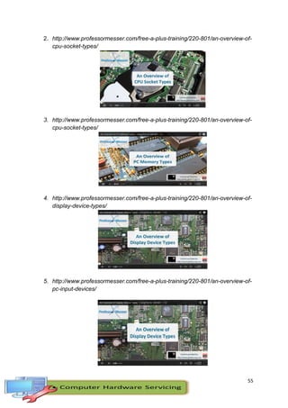 55
2. http://www.professormesser.com/free-a-plus-training/220-801/an-overview-of-
cpu-socket-types/
3. http://www.professormesser.com/free-a-plus-training/220-801/an-overview-of-
cpu-socket-types/
4. http://www.professormesser.com/free-a-plus-training/220-801/an-overview-of-
display-device-types/
5. http://www.professormesser.com/free-a-plus-training/220-801/an-overview-of-
pc-input-devices/
 