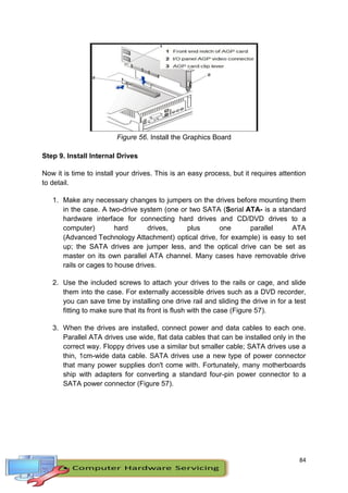 84
Figure 56. Install the Graphics Board
Step 9. Install Internal Drives
Now it is time to install your drives. This is an easy process, but it requires attention
to detail.
1. Make any necessary changes to jumpers on the drives before mounting them
in the case. A two-drive system (one or two SATA (Serial ATA- is a standard
hardware interface for connecting hard drives and CD/DVD drives to a
computer) hard drives, plus one parallel ATA
(Advanced Technology Attachment) optical drive, for example) is easy to set
up; the SATA drives are jumper less, and the optical drive can be set as
master on its own parallel ATA channel. Many cases have removable drive
rails or cages to house drives.
2. Use the included screws to attach your drives to the rails or cage, and slide
them into the case. For externally accessible drives such as a DVD recorder,
you can save time by installing one drive rail and sliding the drive in for a test
fitting to make sure that its front is flush with the case (Figure 57).
3. When the drives are installed, connect power and data cables to each one.
Parallel ATA drives use wide, flat data cables that can be installed only in the
correct way. Floppy drives use a similar but smaller cable; SATA drives use a
thin, 1cm-wide data cable. SATA drives use a new type of power connector
that many power supplies don't come with. Fortunately, many motherboards
ship with adapters for converting a standard four-pin power connector to a
SATA power connector (Figure 57).
 