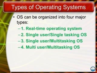 Types of Operating Systems
• OS can be organized into four major
types:
– 1. Real-time operating system
– 2. Single user/Single tasking OS
– 3. Single user/Multitasking OS
– 4. Multi user/Multitasking OS
 