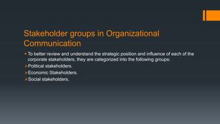 Stakeholder groups in Organizational
Communication
 To better review and understand the strategic position and influence of each of the
corporate stakeholders, they are categorized into the following groups:
Political stakeholders.
Economic Stakeholders.
Social stakeholders.
 
