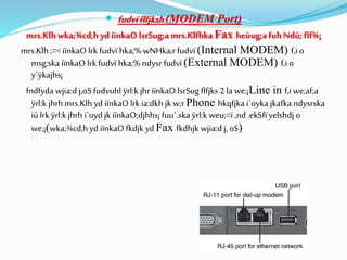  fudvïflfjksh(MODEM Port)
mrs.Klhwka;¾cd,h yd iïnkaO lsrSug;amrs.Klfhka Fax heùug;afuhNdú; flf¾¡
mrs.Klh;=< iïnkaO lrk fudvï hka;% wNHka;r fudvï (Internal MODEM) f,i o
msg;ska iïnkaO lrk fudvï hka;% ndysr fudvï (External MODEM) f,i o
y`ÿkajhs¡
fndfyda wjia:d j,oS fudvuhl ÿrl:k jhr iïnkaO lsrSug flfjks 2 la we;¡Line in f,i we;af;a
ÿrl:k jhrh mrs.Klhyd iïnkaO lrkia:dkh jk w;rPhone hkqfjka i`oyka jkafka ndysrska
iú lrk ÿrl:k jhrh i`oyd jk iïnkaO;djhhs¡ fuu`.ska ÿrl:k weu;=ï ,nd .ekSfïyelshdj o
we;¡(wka;¾cd,hyd iïnkaOfkdjk yd Fax fkdhjk wjia:d j, oS)
 