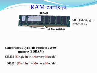 RAM cards j¾.
SIMM-(Single Inline Memory Module)
synchronous dynamic random access
memory(SDRAM)
DIMM-(Dual Inline Memory Module)
SD RAM-'lÜgfyj;a
Notches 2ls
 