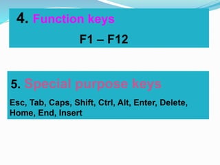 4. Function keys
F1 – F12
5. Special purpose keys
Esc, Tab, Caps, Shift, Ctrl, Alt, Enter, Delete,
Home, End, Insert
 