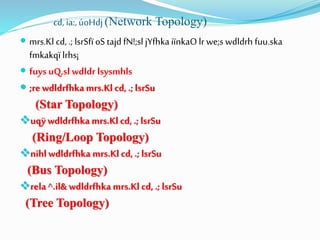cd, ia:,úoHdj (Network Topology)
 mrs.Kl cd, .; lsrSfï oS tajd fN!;sl jYfhkaiïnkaOlr we;s wdldrh fuu.ska
fmkakqïlrhs¡
 fuys uQ,sl wdldr lsysmhls
 ;rewdldrfhka mrs.Kl cd, .; lsrSu
(Star Topology)
uqÿ wdldrfhka mrs.Kl cd, .; lsrSu
(Ring/Loop Topology)
nihl wdldrfhka mrs.Kl cd, .; lsrSu
(Bus Topology)
rela ^.il& wdldrfhka mrs.Kl cd, .; lsrSu
(Tree Topology)
 