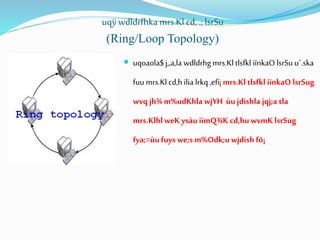 uqÿ wdldrfhka mrs.Kl cd, .; lsrSu
(Ring/Loop Topology)
 uqoaola$ j,,a,la wdldrhg mrs.Kl tlsfkl iïnkaO lsrSu u`.ska
fuu mrs.Klcd,hilia lrkq ,efí¡ mrs.Kl tlsfkl iïnkaO lsrSug
wvq jh¾ m%udKhla wjYH ùujdishla jqj;a tla
mrs.KlhlweK ysàu iïmQ¾K cd,huwvmK lsrSug
fya;=ùufuyswe;s m%Odk;u wjdish fõ¡
 