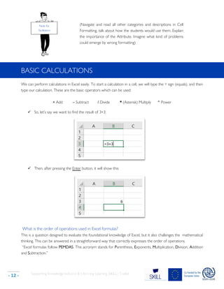 Supporting Knowledge Inclusion & Life-Long Learning (SKILL) Toolkit
- 12 -
BASIC CALCULATIONS
We can perform calculations in Excel easily. To start a calculation in a cell, we will type the = sign (equals), and then
type our calculation. These are the basic operators which can be used:
+ Add – Subtract / Divide * (Asterisk) Multiply ^ Power
✓ So, let’s say we want to find the result of 3+3:
✓ Then, after pressing the Enter button, it will show this:
What is the order of operations used in Excel formulas?
This is a question designed to evaluate the foundational knowledge of Excel, but it also challenges the mathematical
thinking. This can be answered in a straightforward way that correctly expresses the order of operations.
“Excel formulas follow PEMDAS. This acronym stands for Parenthesis, Exponents, Multiplication, Division, Addition
and Subtraction.”
Note for
facilitators
(Navigate and read all other categories and descriptions in Cell
Formatting, talk about how the students would use them. Explain
the importance of the Attribute. Imagine what kind of problems
could emerge by wrong formatting)
 