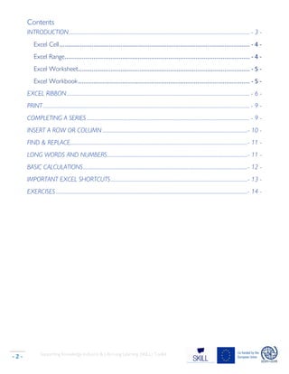 Supporting Knowledge Inclusion & Life-Long Learning (SKILL) Toolkit
- 2 -
Contents
INTRODUCTION........................................................................................................................................................ - 3 -
Excel Cell................................................................................................................ - 4 -
Excel Range............................................................................................................. - 4 -
Excel Worksheet..................................................................................................... - 5 -
Excel Workbook..................................................................................................... - 5 -
EXCEL RIBBON.......................................................................................................................................................... - 6 -
PRINT.............................................................................................................................................................................. - 9 -
COMPLETING A SERIES ......................................................................................................................................... - 9 -
INSERT A ROW OR COLUMN..........................................................................................................................- 10 -
FIND & REPLACE.....................................................................................................................................................- 11 -
LONG WORDS AND NUMBERS......................................................................................................................- 11 -
BASIC CALCULATIONS..........................................................................................................................................- 12 -
IMPORTANT EXCEL SHORTCUTS...................................................................................................................- 13 -
EXERCISES.................................................................................................................................................................- 14 -
 
