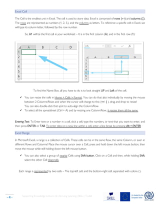Supporting Knowledge Inclusion & Life-Long Learning (SKILL) Toolkit
- 4 -
Excel Cell
The Cell is the smallest unit in Excel. The cell is used to store data. Excel is comprised of rows (↔) and columns (↕).
The rows are represented as numbers (1, 2, 3,), and the columns as letters. To reference a specific cell in Excel, we
will type its column letter, followed by the row number.
So, A1 will be the first cell in your worksheet – It is in the first column (A), and in the first row (1):
To find the Name Box, all you have to do is to look straight UP and Left of the cell.
✓ You can resize the cells in Home > Cells > Format. You can do that also individually by moving the mouse
between 2 Columns/Rows and when the cursor will change to this: (⇹/ ↕ ), drag and drop to resize!
You can also double-click that spot to auto-align the Column/Row
✓ To select all the spreadsheet (Ctrl + A) and by resizing one Column/Row, it resizes them all the same.
Entering Text: To Enter text or a number in a cell, click a cell, type the numbers, or text that you want to enter, and
then press ENTER or TAB. To enter data on a new line within a cell, enter a line break by pressing Alt + ENTER
Excel Range
In Microsoft Excel, a range is a collection of Cells. These cells can be in the same Row, the same Column, or even in
different Rows and Columns! Place the mouse cursor over a Cell, press and hold down the left mouse button, then
move the mouse while still holding down the left mouse button.
✓ You can also select a group of nearby Cells using Shift button. Click on a Cell and then, while holding Shift,
select the other Cell diagonally.
Each range is represented by two cells – The top-left cell, and the bottom-right cell, separated with colons (:).
 