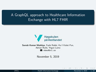 A GraphQL approach to Healthcare Information
Exchange with HL7 FHIR
Suresh Kumar Mukhiya, Fazle Rabbi, Ka I Violet Pun,
Adrian Rutle, Yngve Lamo
� skmu@hvl.no
November 5, 2019
(HVL) Health Information Exchange November 5, 2019 1 / 34
 