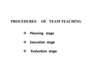 PROCEDURES OF TEAM TEACHING
 Planning stage
 Execution stage
 Evaluation stage
 