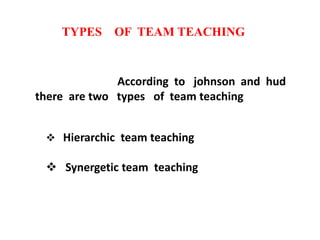 TYPES OF TEAM TEACHING
 Hierarchic team teaching
 Synergetic team teaching
According to johnson and hud
there are two types of team teaching
 