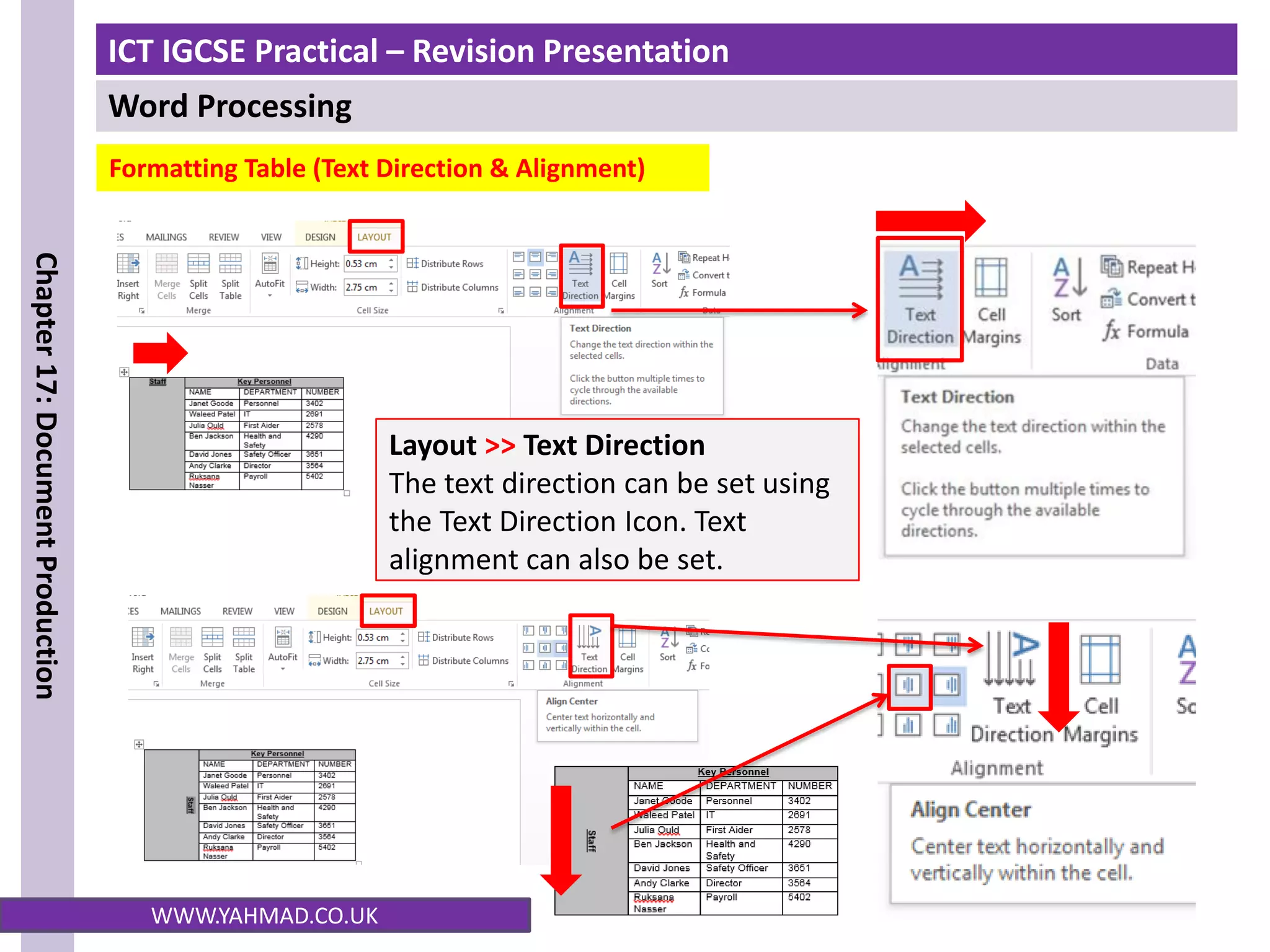 ICT IGCSE Practical – Revision Presentation
Word Processing
Chapter
17:
Document
Production
WWW.YAHMAD.CO.UK
Formatting Table (Text Direction & Alignment)
Layout >> Text Direction
The text direction can be set using
the Text Direction Icon. Text
alignment can also be set.
 