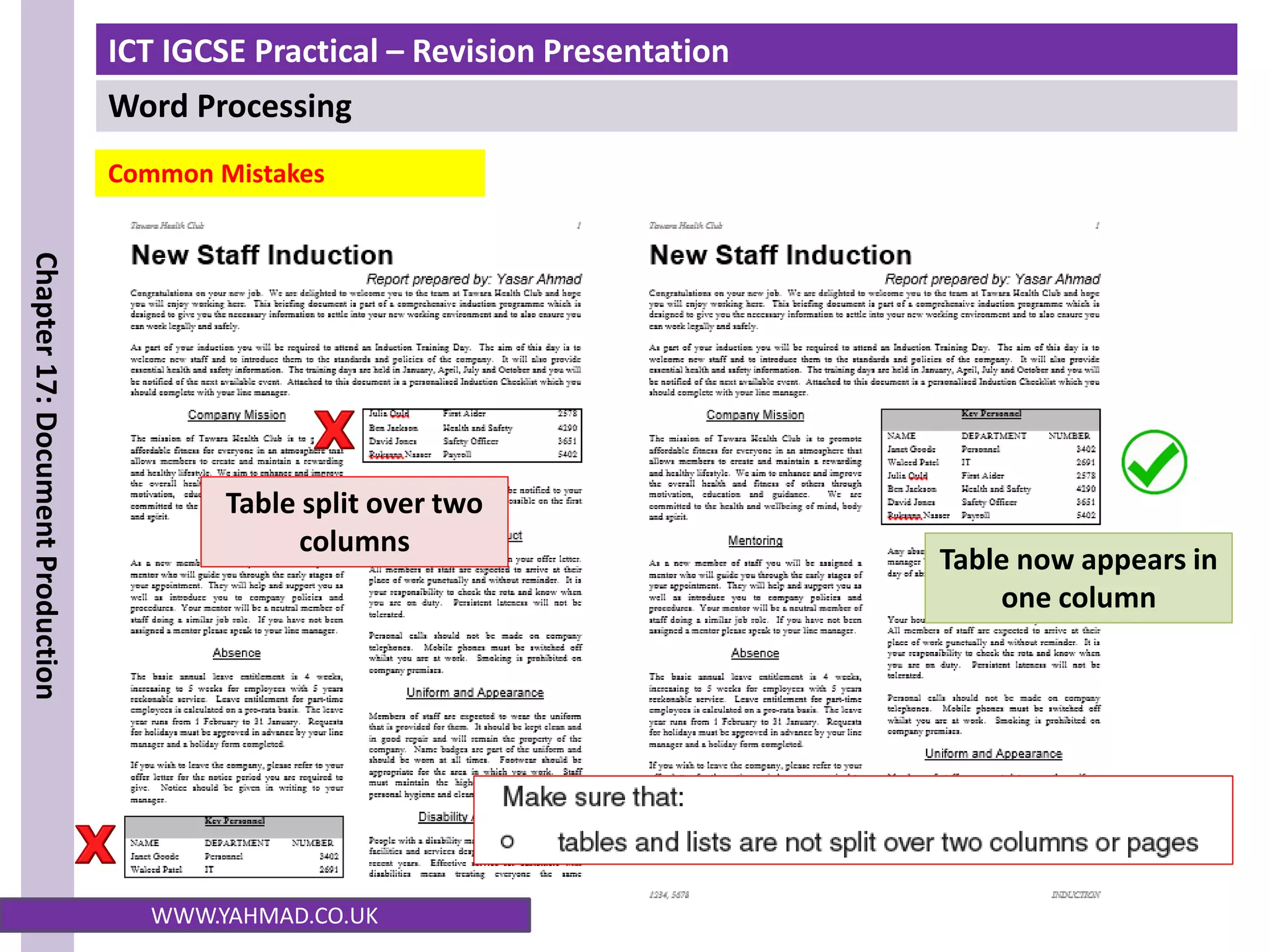 ICT IGCSE Practical – Revision Presentation
Word Processing
Chapter
17:
Document
Production
WWW.YAHMAD.CO.UK
Common Mistakes
Table split over two
columns
Table now appears in
one column
 