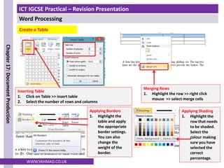ICT IGCSE Practical – Revision Presentation
Word Processing
Chapter
17:
Document
Production
WWW.YAHMAD.CO.UK
Inserting Table
1. Click on Table >> insert table
2. Select the number of rows and columns
Merging Rows
1. Highlight the row >> right click
mouse >> select merge cells
Applying Borders
1. Highlight the
table and apply
the appropriate
border settings.
You can also
change the
weight of the
border.
Applying Shading
1. Highlight the
row that needs
to be shaded.
Select the
colour making
sure you have
selected the
correct
percentage.
Create a Table
 