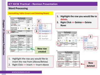 ICT IGCSE Practical – Revision Presentation
Word Processing
Chapter
17:
Document
Production
WWW.YAHMAD.CO.UK
Formatting Table (Insert and Deleting Rows)
1. Highlight the row you would like to
insert the row from (Above/Below)
2. Right Click >> Insert >> Insert Above
1
2
3
New row
created
Row
deleted
1
2
3
1. Highlight the row you would like to
delete.
2. Right Click >> Delete>> Delete
Rows
 