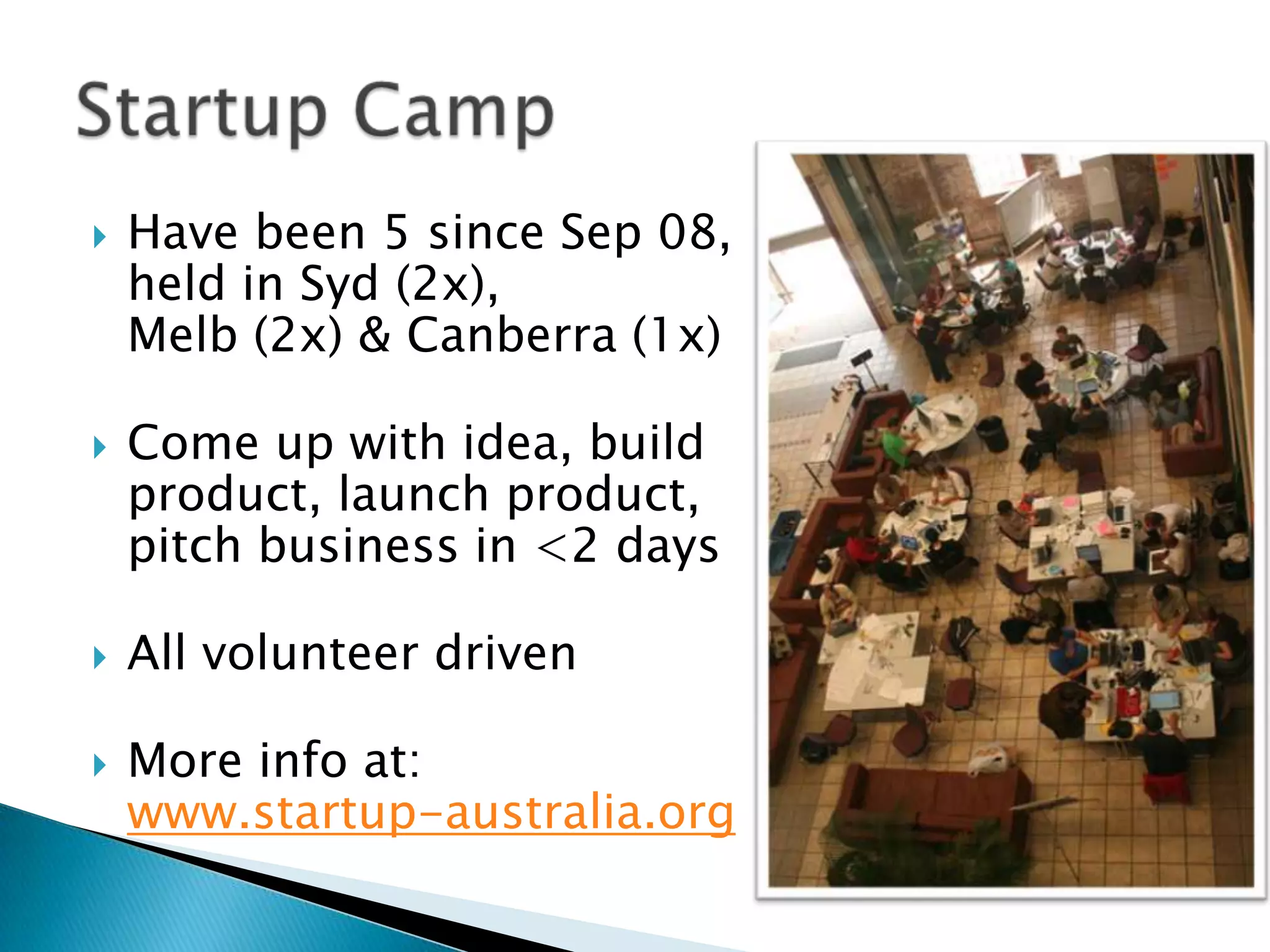 Have been 5 since Sep 08, held in Syd (2x), Melb (2x) & Canberra (1x)Come up with idea, build product, launch product, pitch business in <2 daysAll volunteer drivenMore info at:www.startup-australia.orgStartup Camp