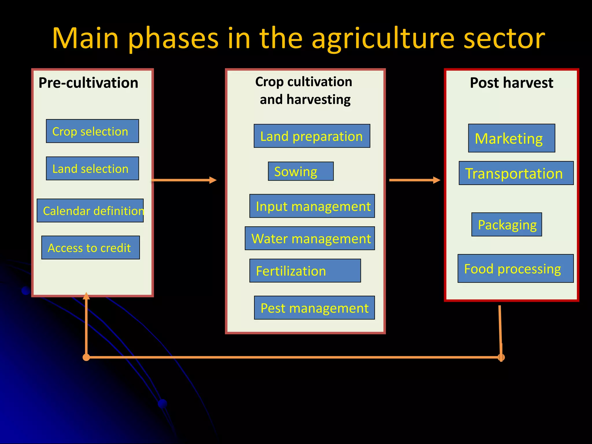 Main phases in the agriculture sector
Crop cultivation
and harvesting
Input management
Water management
Fertilization
Pest management
Post harvest
Transportation
Food processing
Marketing
Sowing
Pre-cultivation
Crop selection
Calendar definition
Access to credit
Land preparation
Packaging
Land selection
 