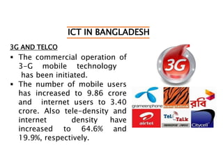 ICT IN BANGLADESH
3G AND TELCO
 The commercial operation of
3-G mobile technology
has been initiated.
 The number of mobile users
has increased to 9.86 crore
and internet users to 3.40
crore. Also tele-density and
internet density have
increased to 64.6% and
19.9%, respectively.
 