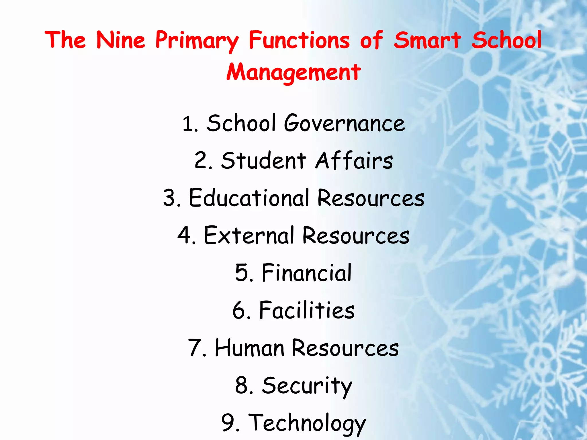 The Nine Primary Functions of Smart School Management 1 . School Governance 2. Student Affairs 3. Educational Resources 4. External Resources 5. Financial 6. Facilities 7. Human Resources 8. Security 9. Technology 