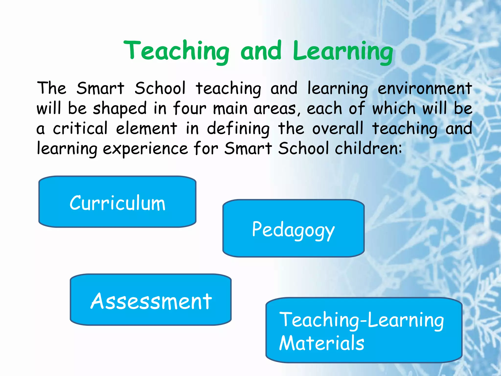 Teaching and Learning The Smart School teaching and learning environment will be shaped in four main areas, each of which will be a critical element in defining the overall teaching and learning experience for  Smart School children: Curriculum Pedagogy Assessment Teaching-Learning Materials 