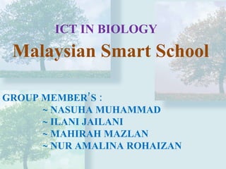 Malaysian Smart School  ICT IN BIOLOGY GROUP MEMBER’S : ~ NASUHA MUHAMMAD   ~ ILANI JAILANI ~ MAHIRAH MAZLAN ~ NUR AMALINA ROHAIZAN 