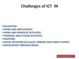 Challenges of ICT IN

EDUCATION
WORK AND EMPLOYMENT
HOME AND DOMESTIC ACTIVITIES
PERSONAL AND CITIZEN ACTIVITIES
SHOPPING
SOCIAL NETWORK,COLLEGUE ,FRIENDS AND FAMILY EVENTS
ENCOUNTERS THROUGH MEDIA

4

 