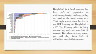 Bangladesh is a Small country but
have lot’s of population to
maintaining foreign exchange policy
we need to take some strong step.
That might create some barrier on
our ICT Industry too. Bangladesh is
a 2nd Top Country which is doing
outsourcing work and earn lots of
revenue. But when company owner
get paid they faces lot’s of
difficulty's to cash their revenue.
 