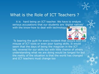 What is the Role of ICT Teachers ?
    it is hard being an ICT teacher. We have to endure
 serious accusations that our students are ‘digital natives’
 with the know-how to deal with technology.




  To bearing the guilt for every incident that occurs with the
 misuse of ICT tools or even poor typing skills. It would
 seem that the days of being the magician in the ICT
 lab, revered for our skills but with little chance of others
 understanding what we are doing would be longed for but
 the reality of the situation is that the world has changed
 and ICT teachers must change too
 