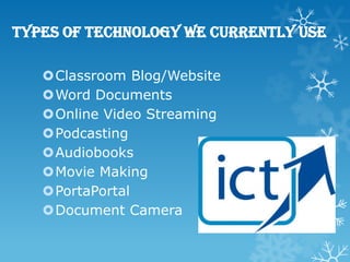 Types of technology we currently use

   Classroom Blog/Website
   Word Documents
   Online Video Streaming
   Podcasting
   Audiobooks
   Movie Making
   PortaPortal
   Document Camera
 
