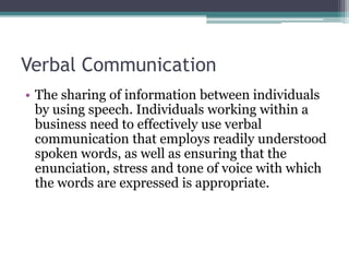 Verbal Communication
• The sharing of information between individuals
by using speech. Individuals working within a
business need to effectively use verbal
communication that employs readily understood
spoken words, as well as ensuring that the
enunciation, stress and tone of voice with which
the words are expressed is appropriate.
 