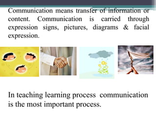 Communication means transfer of information or
content. Communication is carried through
expression signs, pictures, diagrams & facial
expression.
In teaching learning process communication
is the most important process.
 