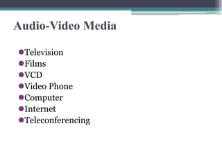 Audio-Video Media
Television
Films
VCD
Video Phone
Computer
Internet
Teleconferencing
 