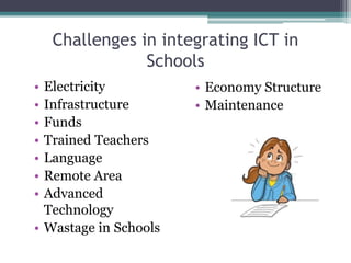 Challenges in integrating ICT in
Schools
• Economy Structure
• Maintenance
• Electricity
• Infrastructure
• Funds
• Trained Teachers
• Language
• Remote Area
• Advanced
Technology
• Wastage in Schools
 