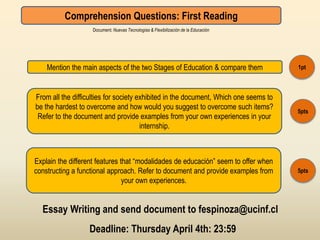 Comprehension Questions: First Reading
                    Document: Nuevas Tecnologías & Flexibilización de la Educación




    Mention the main aspects of the two Stages of Education & compare them            1pt



From all the difficulties for society exhibited in the document, Which one seems to
be the hardest to overcome and how would you suggest to overcome such items?
                                                                                      5pts
 Refer to the document and provide examples from your own experiences in your
                                       internship.



Explain the different features that “modalidades de educación” seem to offer when
constructing a functional approach. Refer to document and provide examples from       5pts
                                your own experiences.


  Essay Writing and send document to fespinoza@ucinf.cl
                  Deadline: Thursday April 4th: 23:59
 