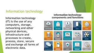 Information technology
Information technology
(IT) is the use of any
computers, storage,
networking and other
physical devices,
infrastructure and
processes to create,
process, store, secure
and exchange all forms of
electronic data.
 