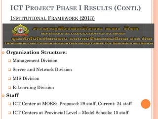 INSTITUTIONAL FRAMEWORK (2013)
 Organization Structure:
 Management Division
 Server and Network Division
 MIS Division
 E-Learning Division
 Staff
 ICT Center at MOES: Proposed: 29 staff, Current: 24 staff
 ICT Centers at Provincial Level – Model Schools: 15 staff
ICT PROJECT PHASE I RESULTS (CONTI.)
 