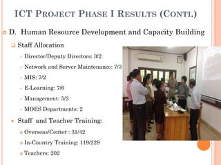  D. Human Resource Development and Capacity Building
 Staff Allocation
 Director/Deputy Directors: 3/2
 Network and Server Maintenance: 7/3
 MIS: 7/2
 E-Learning: 7/6
 Management: 5/2
 MOES Departments: 2
 Staff and Teacher Training:
 Overseas/Center : 31/42
 In-Country Training: 119/229
 Teachers: 202
ICT PROJECT PHASE I RESULTS (CONTI.)
 