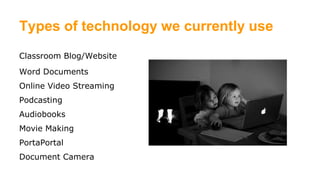 Types of technology we currently use 
›Classroom Blog/Website 
›Word Documents 
›Online Video Streaming 
›Podcasting 
›Audiobooks 
›Movie Making 
›PortaPortal 
›Document Camera 
 